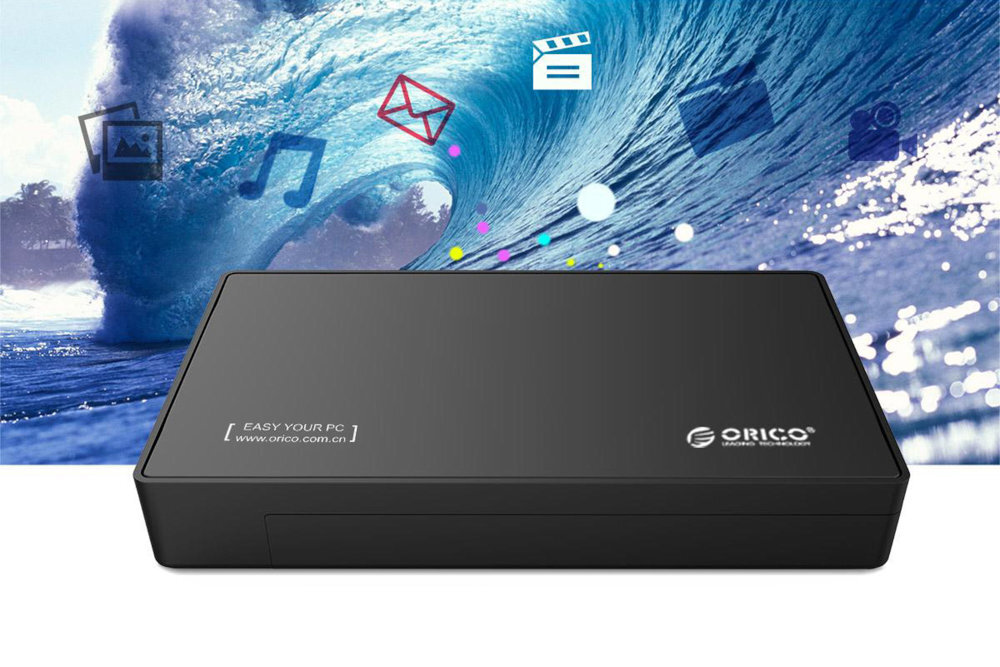 ORICO 3588US3-V1-EU-BK-BP Instalacja bez narzędzi funkcja Plug and Play USB-B 3.2 transfer danych do 5 Gb/s - obudowa na tle ikonek muzyki maili video zdjeć
