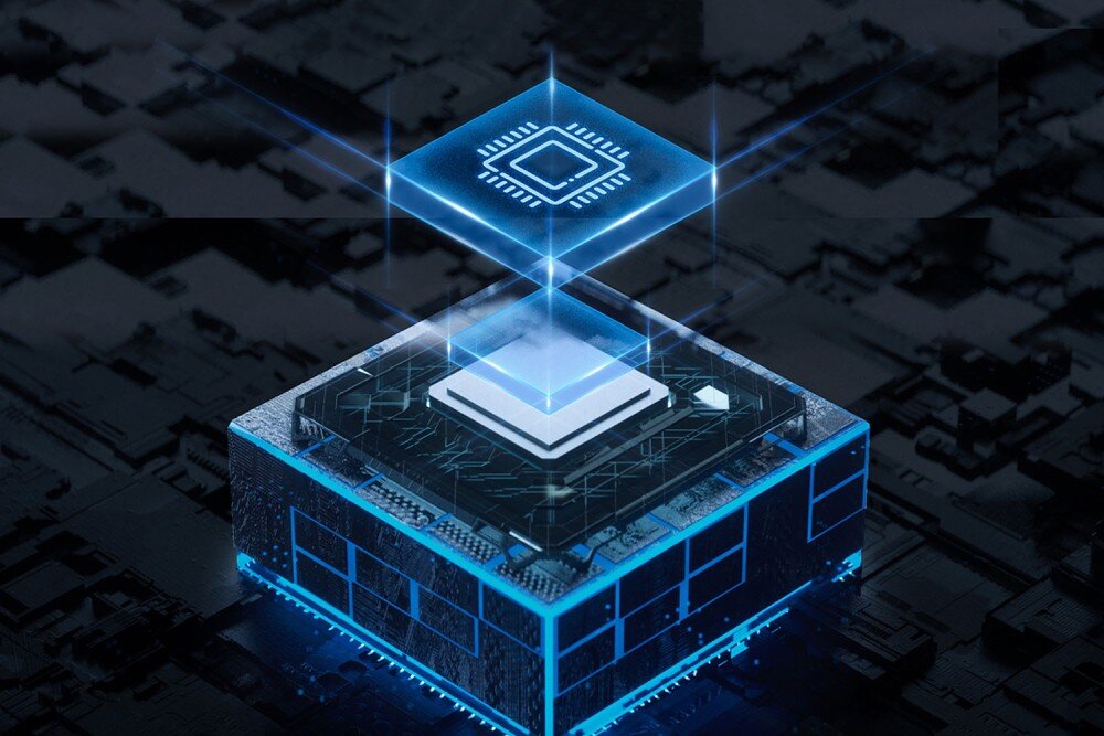 Hub ORICO AH-13-GY-EP-HW Grafika przedstawiająca chip unoszący się nad płytą główną w stylu futurystycznym z niebieskimi efektami świetlnymi, prędkość, szybkość, przepustowość