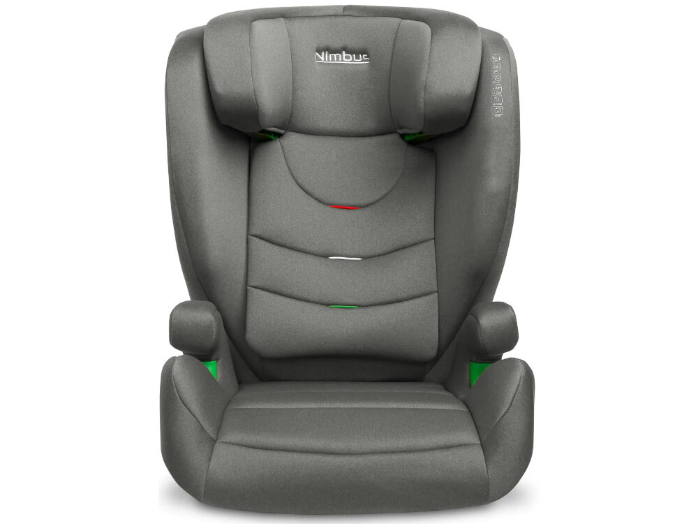 Fotelik samochodowy CARETERO Nimbus I-Size 100-150 cm (15-36 kg) Grafitowy fotelik na białym tle ze schowanym zagłówkiem widoczny od przodu do przewożenia dzieci o wzroście od 100 do 150 cm wadze od 15 do 36 kg w wieku około 4–12 lat montaż przodem do kierunku jazdy stabilna pozycja siedząca bezpieczeństwo dziecka