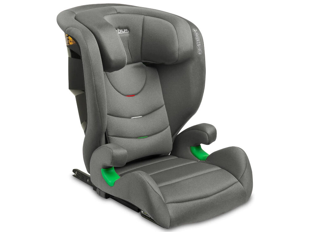 Fotelik samochodowy CARETERO Nimbus I-Size 100-150 cm (15-36 kg) Grafitowy fotelik na białym tle ze schowanym zagłówkiem widoczny od przodu pod skosem spełnienia normy ECE R129/03 standard i-Size dobór fotelika do wzrostu dziecka można dopasować siedzisko do aktualnych potrzeb użytkownika dziecko korzysta z fotelika dostosowanego do swojej sylwetki