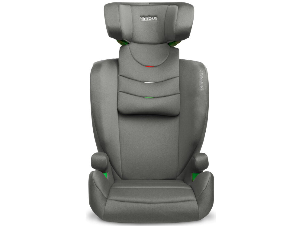 Fotelik samochodowy CARETERO Nimbus I-Size 100-150 cm (15-36 kg) Grafitowy fotelik na białym tle z wyciągniętym zagłówkiem widoczny od przodu miękka, przyjemna w dotyku tkanina wymiary wewnętrzne siedziska (32 x 33 cm) swoboda ruchów komfortowe wykończenie