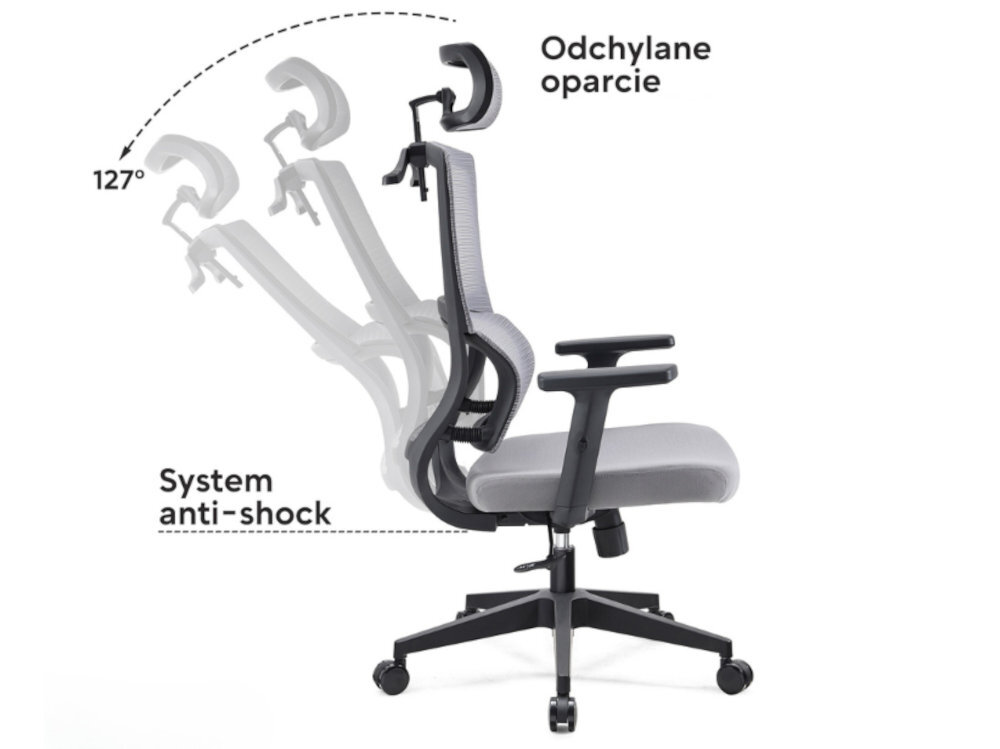 KENOKO Oribu Mechanizm synchroniczny dostosowanie pozycji siedzącej odchylić aż do 127 stopni zablokować w jednej z trzech dostępnych pozycji regulacji siły oporu system anti-shock