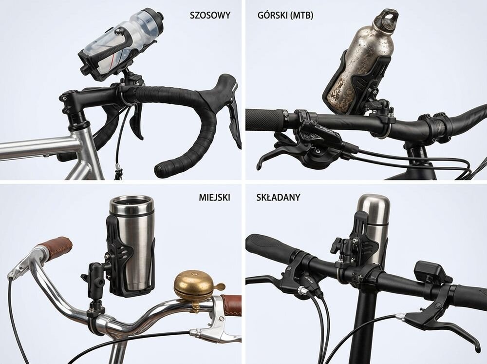 Uchwyt na bidon ROCKBROS 31210008002, rower, motocykl, hulajnoga, stabilność, Przykłady montażu uchwytu na różnych rowerach.