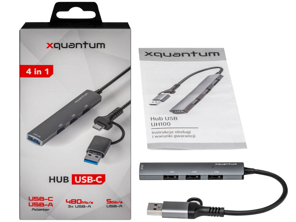 Hub USB XQUANTUM UH100 4w1 opakowanie instrukcja