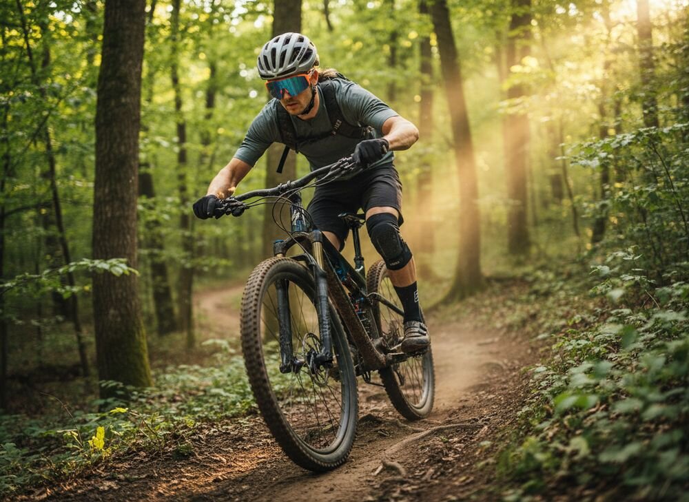 Okulary rowerowe ROCKBROS SP297 Fioletowy, Okulary, rower, widoczność, ochrona, Rowerzysta w kasku i okularach jedzie przez las