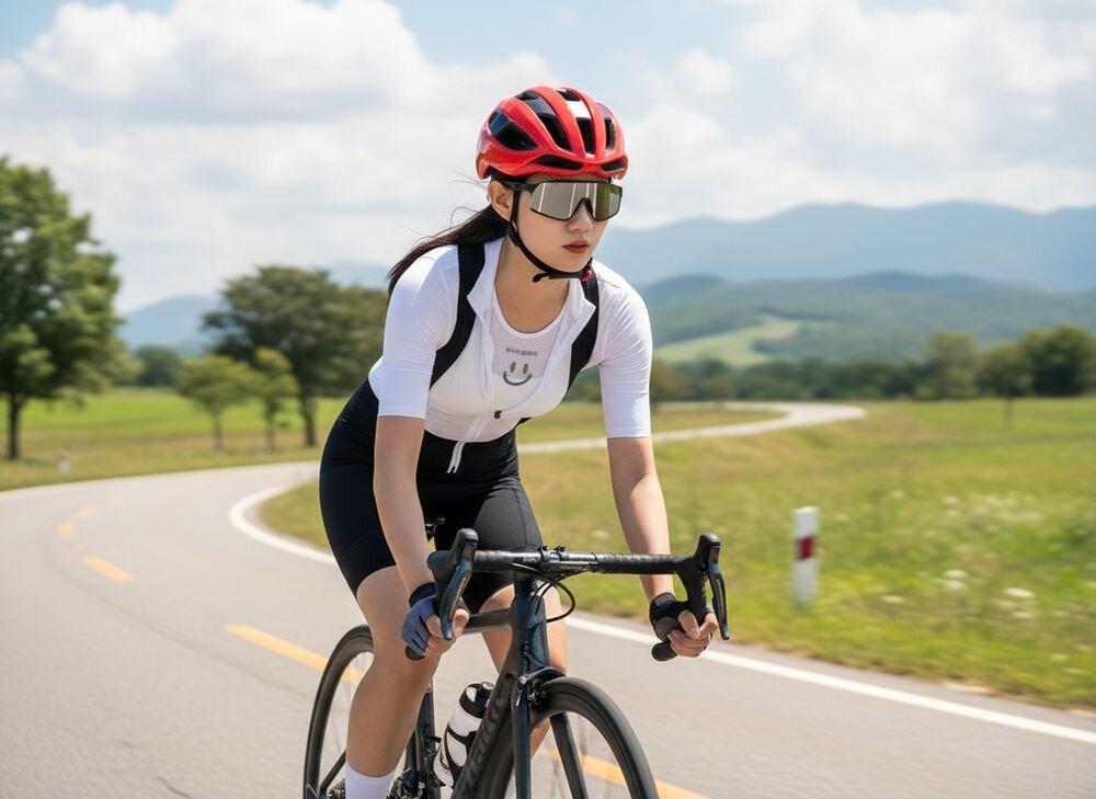 Osoba na rowerze szosowym ubrana w biały podkoszulek rowerowy i czerwony kask, jedzie po asfaltowej drodze w otoczeniu zielonych pól i gór w tle. Na podkoszulku widoczny jest napis \'ROCKBROS\'.