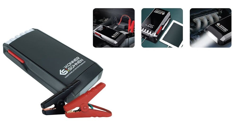 Urządzenie rozruchowe KONNER & SOHNEN KS JS-1400 niewielkie wielofunkcyjne urzadzenie do uruchomienia samochodu pompowania opon powerbank zrodlo swiatla wymiary 19.3 х 9.8 х 3.9 mm waga 0,95 kg latwe przenoszenie i przechowywanie