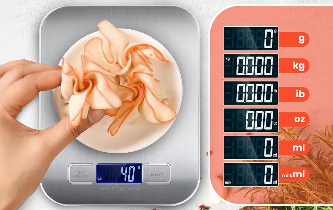 Waga kuchenna EXTRALINK Home B-06 Srebrny elastyczność pomiarów 6 jednostek pomiaru precyzja składniki przepisy kilogramy gramy uncje funty mililitry mleko potrawy