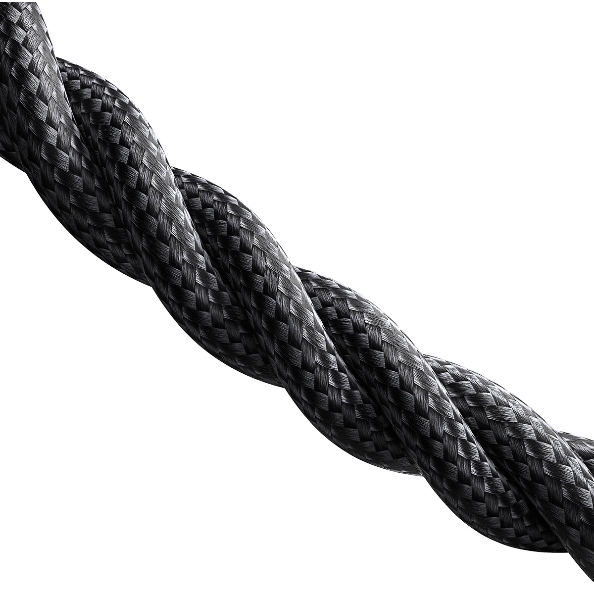 Zbliżenie na czarny, pleciony kabel o teksturowanej powierzchni.