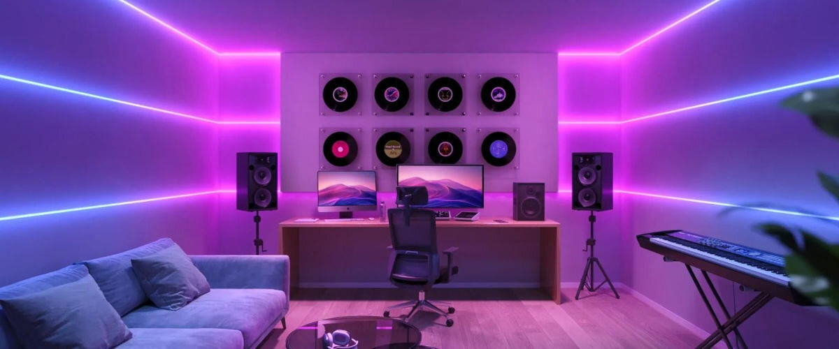 Taśma LED GOVEE Strip Lights Pro H61E5 3 m WiFi/Bluetooth, COB, RGBICW, gęstość, efekty, pokój gamingowy wypełniony efektem taśmy LED w kolorze fioletowo różowym