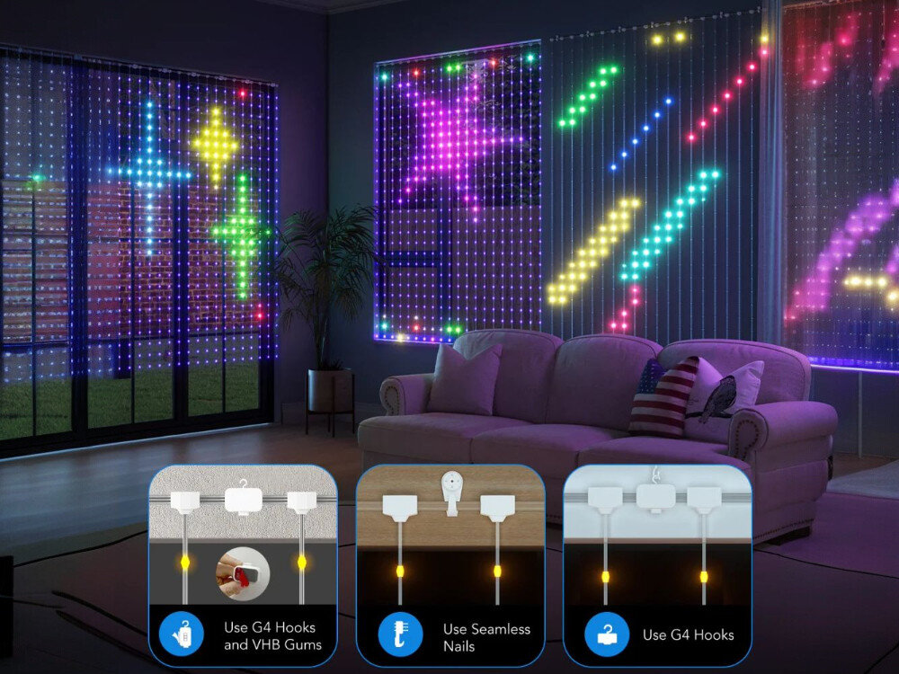 Kurtyna dekoracyjna GOVEE H70BC 400 LED Sieciowe 1.5 m Sieciowe Transparentny, muzyka, rytm, DreamView, synchronizacja, Salon z dużymi oknami udekorowanymi panelami kurtyn LED, które wyświetlają kolorowe gwiazdy i wzory, wraz z pokazanymi sposobami montażu listew świetlnych.