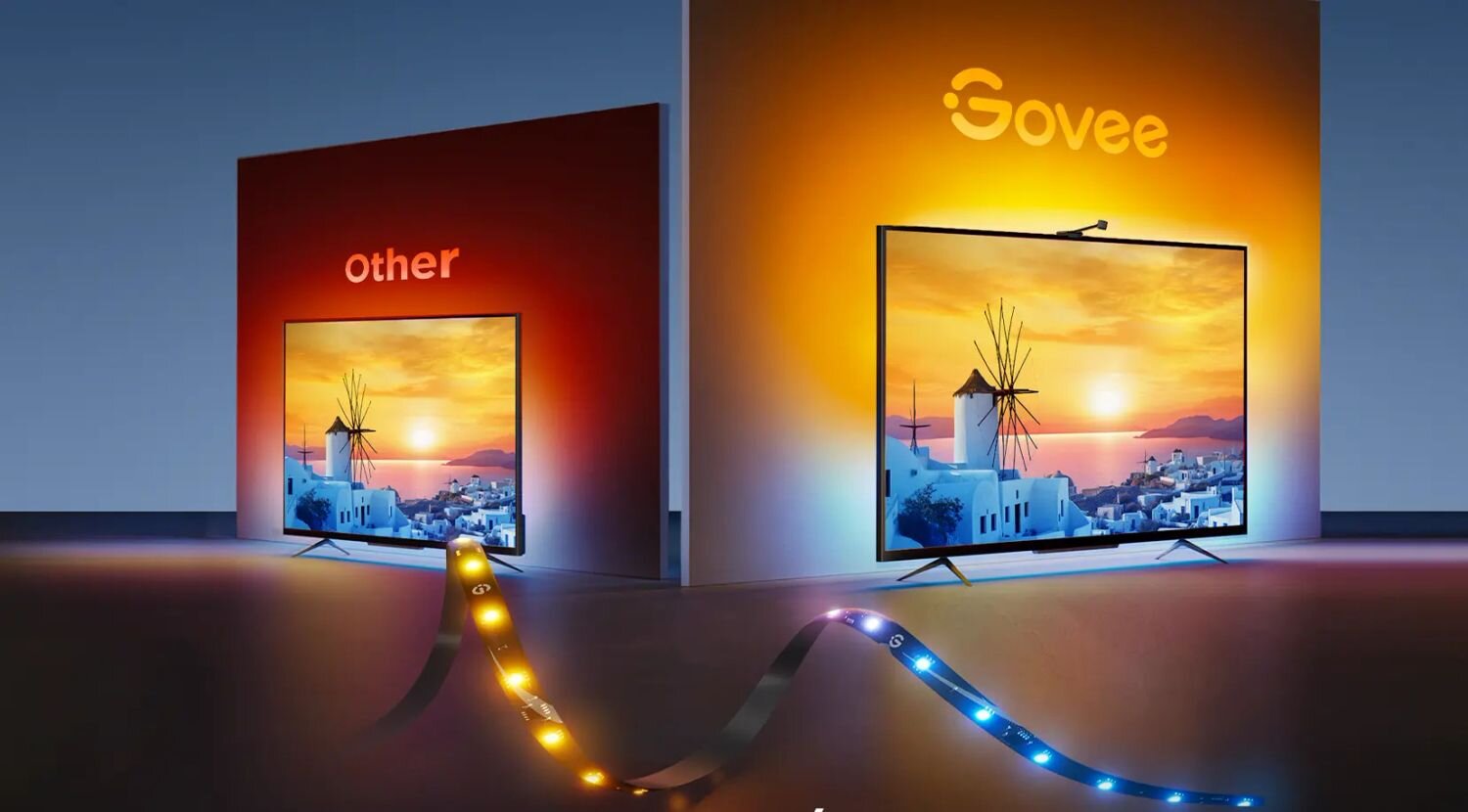 Taśma LED GOVEE H6098 4.8 m Envisual TV Backlight Wi-Fi/Bluetooth, Envisual, telewizor, kamera, seanse, Porównanie dwóch telewizorów z różnymi taśmami LED, po lewej „other”, po prawej „Govee”.