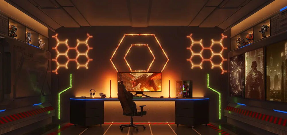 Panel świetlny GOVEE H6063 Gaming Wall Light Wi-Fi + Bluetooth panele na ścianie w futurystycznym pokoju gamingowym