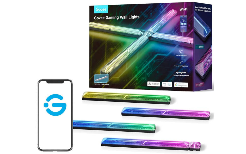 Panel świetlny GOVEE H6063 Gaming Wall Light Wi-Fi + Bluetooth panele karton i telefon z logiem na białym tle Modułowy system oświetlenia ściennego z 12 segmentami do tworzenia własnych wzorów