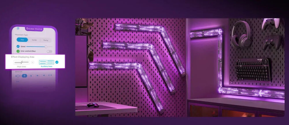 Panel świetlny GOVEE H6063 Gaming Wall Light Wi-Fi + Bluetooth pokazanie możliwego ułożenia paneli obok telefon z włączoną aplikacją Sterowanie oświetleniem gamingowym za pomocą aplikacji i standardu Matter inteligentny dom