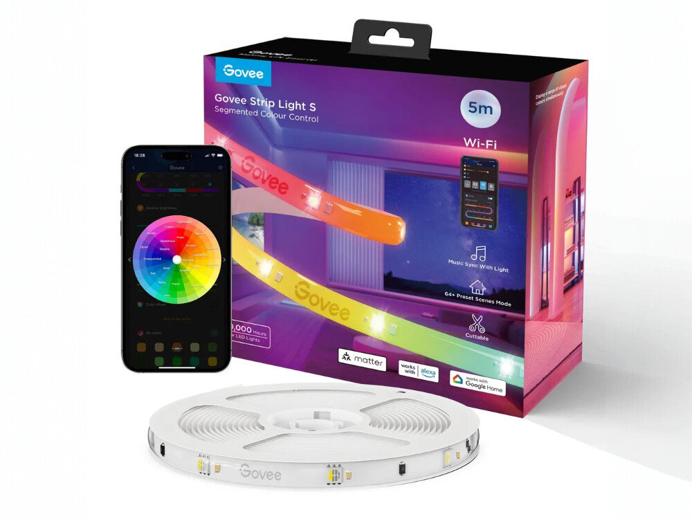 Taśma LED GOVEE H612A 5m Bluetooth/Wi-Fi, aplikacja, Kompatybilność, wsparcie, matter, na białym tle opakowanie fabryczne taśmy led govve z taśmą przed nią