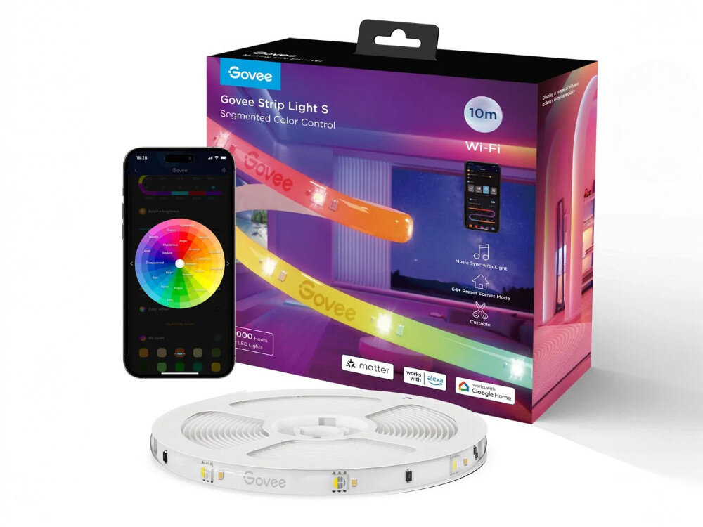 Taśma LED GOVEE H612C 10m Bluetooth/Wi-Fi, aplikacja, Kompatybilność, wsparcie, matter, na białym tle opakowanie fabryczne taśmy led govve z taśmą przed nią