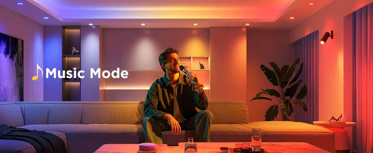 Inteligentna żarówka LED GOVEE B600D3C1 4.8W GU10 Wi-Fi/Bluetooth, 400 lm, 2700K, CRI90, oprawy, Salon z ciepłym i różowym oświetleniem LED wieczorem.