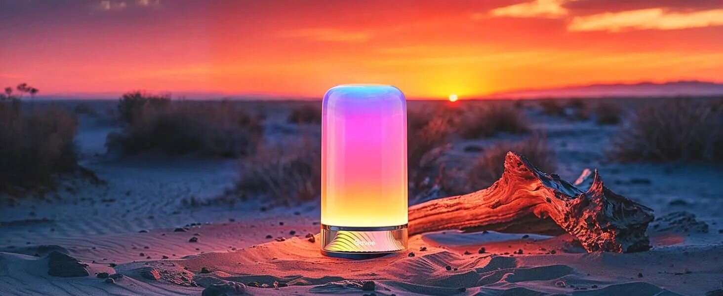 Lampka nocna GOVEE H6022, światło, atmosfera, relaks, technologia, lampka stoi na skale w tle zachód słońca