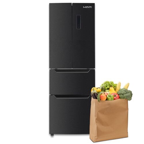 Lodówka MPM-351-SBF-07, obok papierowa torba z owocami i warzywami.