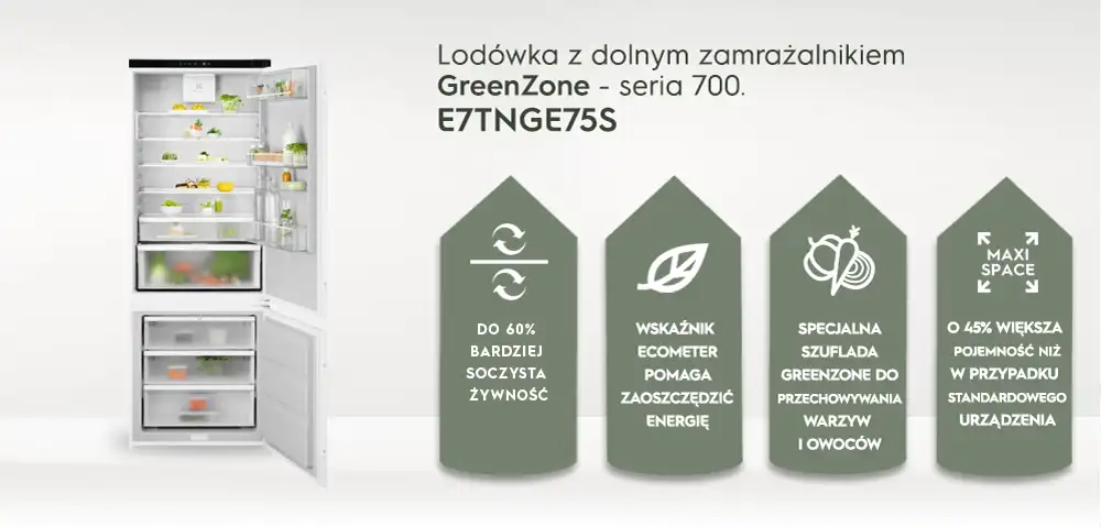 Obraz przedstawia otwartą lodówkę z dolnym zamrażalnikiem, wypełnioną różnymi produktami spożywczymi. Obok lodówki znajdują się cztery ikony z tekstem: \'DO 60% BARDZIEJ SOCZYSTA ŻYWNOŚĆ\', \'WSKAŹNIK ECOMETER POMAGA ZAOSZCZĘDZIĆ ENERGIĘ\', \'SPECJALNA SZUFLADA GREENZONE DO PRZECHOWYWANIA WARZYW I OWOCÓW\', \'O 45% WIĘKSZA POJEMNOŚĆ NIŻ W PRZYPADKU STANDARDOWEGO URZĄDZENIA\'.