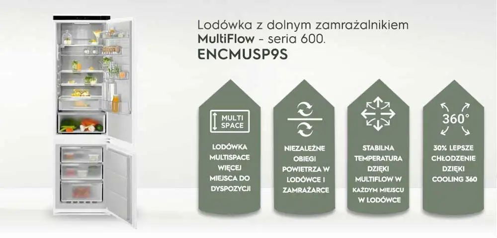 Obraz przedstawia otwartą lodówkę z dolnym zamrażalnikiem, wypełnioną różnymi produktami spożywczymi. Obok lodówki znajdują się cztery ikony z tekstem: \'LODÓWKA MULTISPACE WIĘCEJ MIEJSCA DO DYSPOZYCJI\', \'NIEZALEŻNE OBIEGI POWIETRZA W LODÓWCE I ZAMRAŻARCE\', \'STABILNA TEMPERATURA DZIĘKI MULTIFLOW W KAŻDYM MIEJSCU W LODÓWCE\', \'30% LEPSZE CHŁODZENIE DZIĘKI COOLING 360\'.