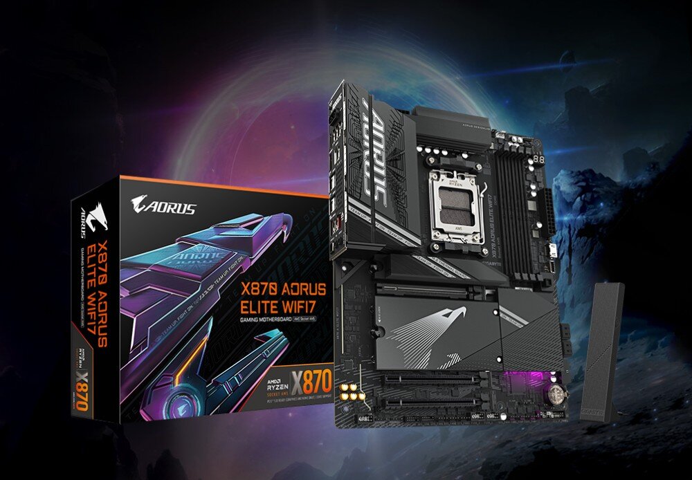 Płyta główna GIGABYTE X870 Aorus Elite WiFi7 Pudełko z grafiką i płyta główna z widocznym gniazdem procesora oraz radiatorem z logo ptaka, opis