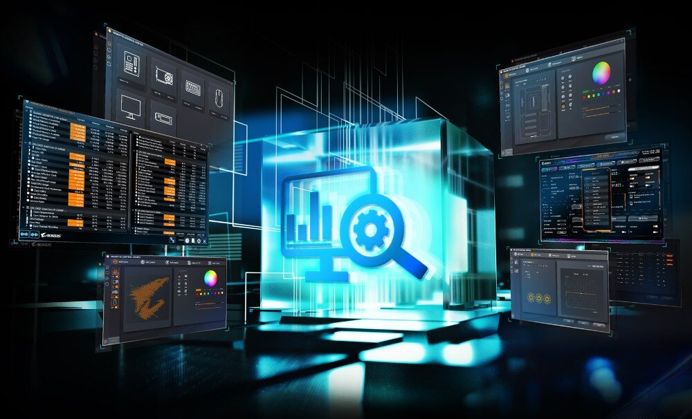 Płyta główna GIGABYTE X870 Aorus Elite WiFi7 Grafika przedstawiająca interfejs oprogramowania z wieloma oknami ustawień i ikoną lupy w centrum, aplikacja, narzędzia, kontrola, podświetlenie