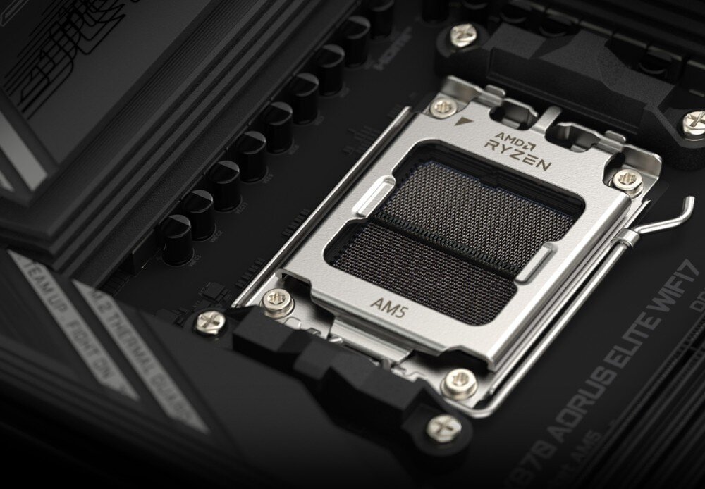 Płyta główna GIGABYTE X870 Aorus Elite WiFi7 Zbliżenie na gniazdo procesora z oznaczeniem AM5 i napisem Ryzen, przeznaczenie, kompatybilność, procesory, sekcja zasilania