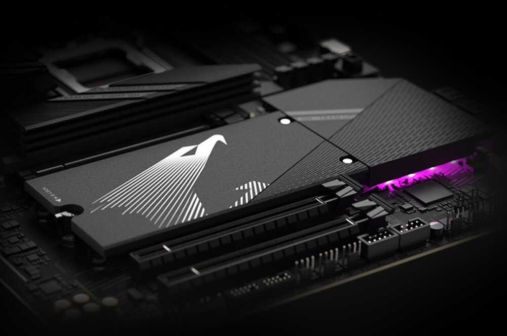 Płyta główna GIGABYTE X870 Aorus Elite WiFi7 Radiator z logo ptaka na płycie głównej z podświetleniem w kolorze fioletowym, system chłodzenia, radiatory, osłony M.2, stabilność