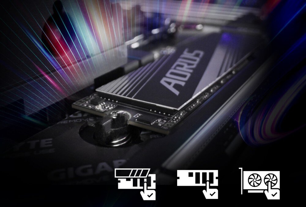 Płyta główna GIGABYTE X870 Aorus Elite WiFi7 Zbliżenie na zamontowany dysk M.2 z logo Aorus oraz ikonami symbolizującymi łatwy montaż komponentów, składanie, rozwiązania, instalacja