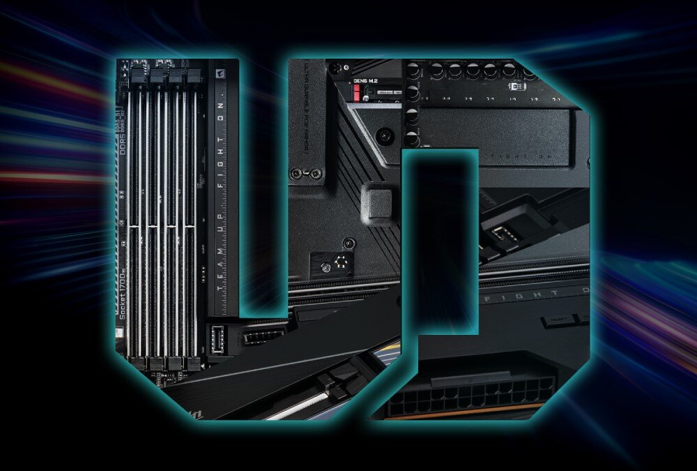 Płyta główna GIGABYTE X870 Aorus Elite WiFi7 Grafika przedstawiająca fragment płyty głównej z elementami slotów pamięci i radiatorów ułożona w kształt liter UD, budowa, konstrukcja, trwałość, żywotność