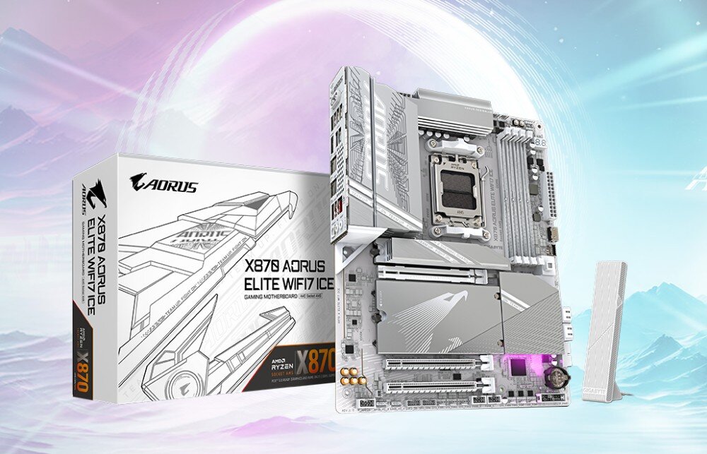 Płyta główna GIGABYTE X870 Aorus Elite WiFi7 Ice Pudełko z grafiką i płyta główna z widocznym gniazdem procesora oraz radiatorem z logo ptaka, opis