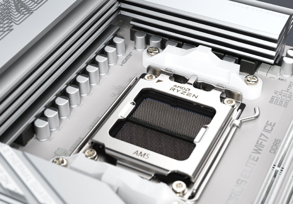 Płyta główna GIGABYTE X870 Aorus Elite WiFi7 Ice Zbliżenie na gniazdo procesora z oznaczeniem AM5 i napisem Ryzen, przeznaczenie, kompatybilność, procesory, sekcja zasilania