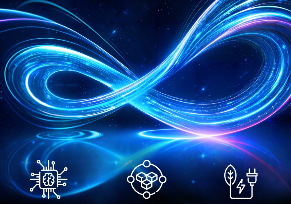 Płyta główna GIGABYTE X870 Aorus Elite WiFi7 Ice Grafika z niebieskim symbolem nieskończoności na tle kosmicznym oraz ikonami procesora, sieci i energii, sztuczna inteligencja, funkcje AI, 