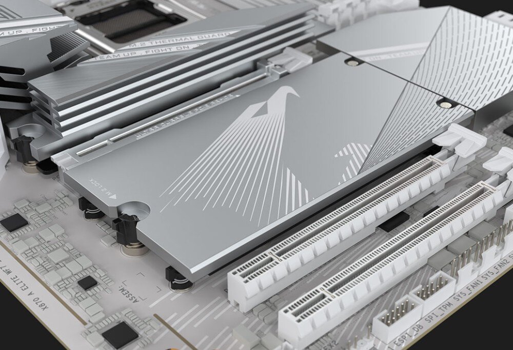 Płyta główna GIGABYTE X870 Aorus Elite WiFi7 Ice Radiator z logo ptaka na płycie głównej z podświetleniem w kolorze fioletowym, system chłodzenia, radiatory, osłony M.2, stabilność