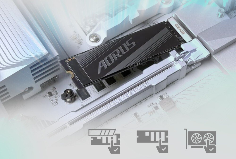 Płyta główna GIGABYTE X870 Aorus Elite WiFi7 Ice Zbliżenie na zamontowany dysk M.2 z logo Aorus oraz ikonami symbolizującymi łatwy montaż komponentów, składanie, rozwiązania, instalacja