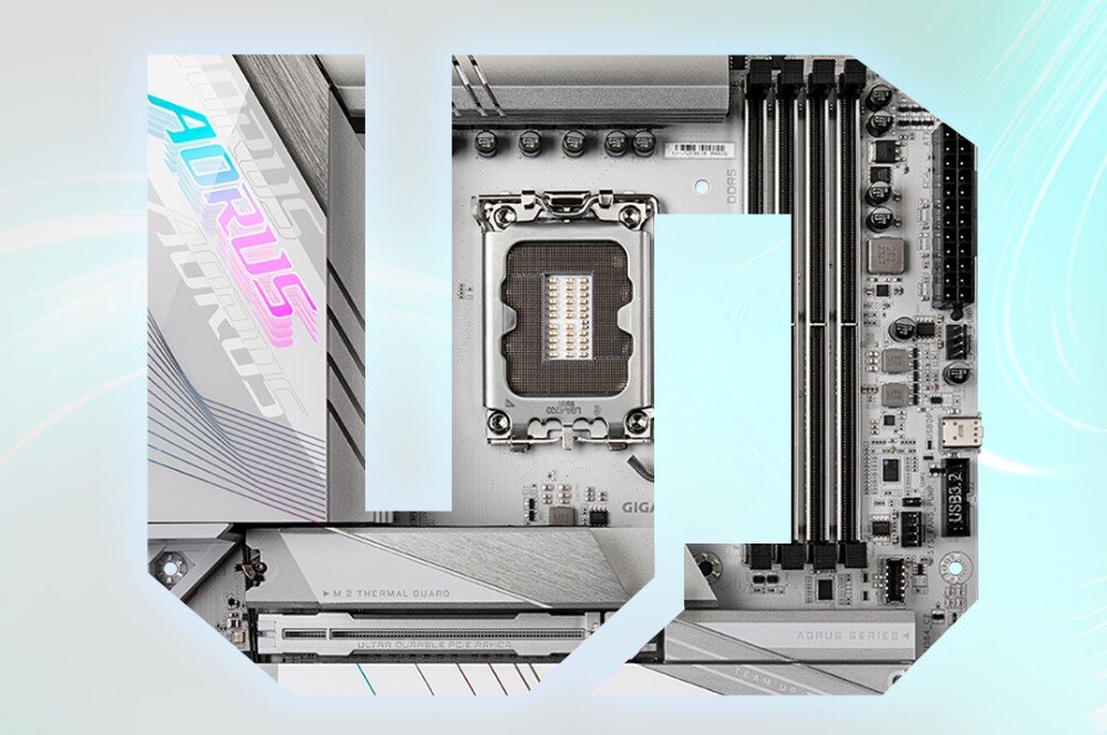 Płyta główna GIGABYTE X870 Aorus Elite WiFi7 Ice Grafika przedstawiająca fragment płyty głównej z elementami slotów pamięci i radiatorów ułożona w kształt liter UD, budowa, konstrukcja, trwałość, żywotność