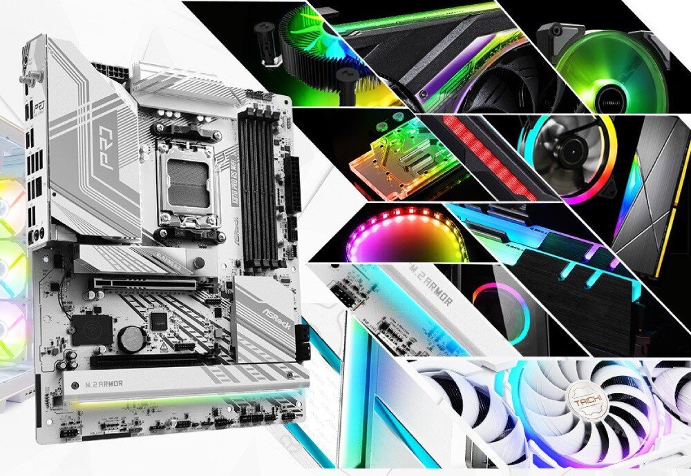 Płyta główna ASROCK X870 Pro RS WiFi Kolaż z białą płytą główną oraz fragmentami podzespołów z podświetleniem RGB, w tym wentylatorów i radiatorów