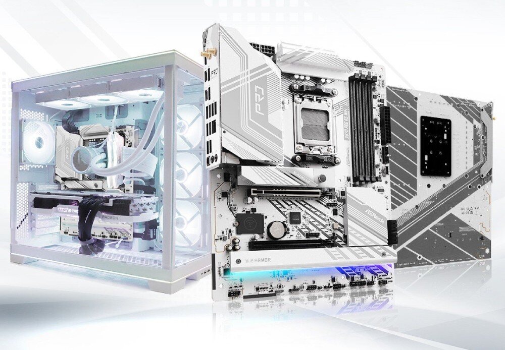 Płyta główna ASROCK X870 Pro RS WiFi Biała obudowa komputera z podświetleniem wewnątrz oraz ujęcia białej płyty głównej z przodu i od spodu