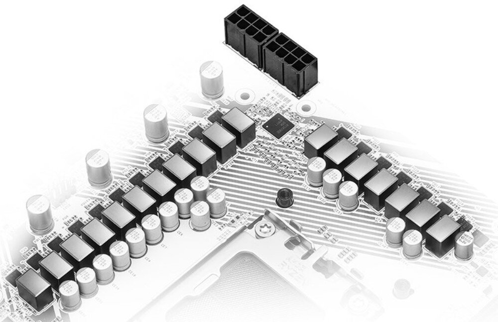 Płyta główna ASROCK X870 Pro RS WiFi Zbliżenie na sekcję zasilania płyty głównej z rzędami dławików i kondensatorów przy gnieździe procesora