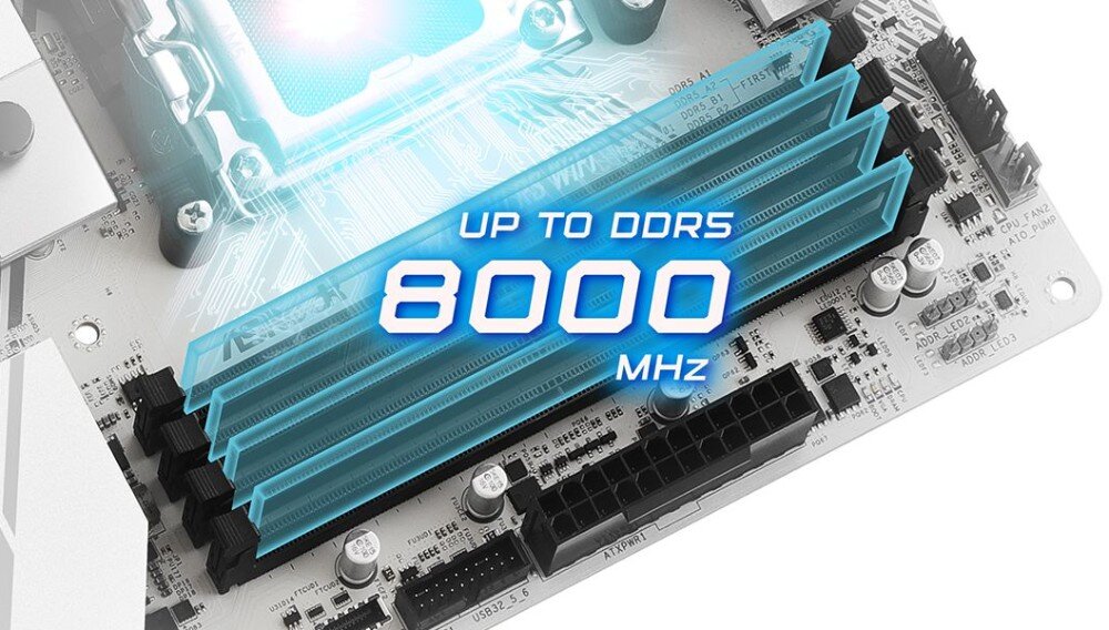 Płyta główna ASROCK X870 Pro RS WiFi Zbliżenie na cztery sloty pamięci RAM na płycie głównej z napisem Up to DDR5 8000 MHz