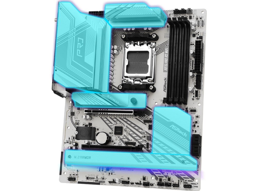 Płyta główna ASROCK X870 Pro RS WiFi Widok z góry na białą płytę główną z niebieskimi nakładkami podkreślającymi radiatory i osłony na sekcjach płyty