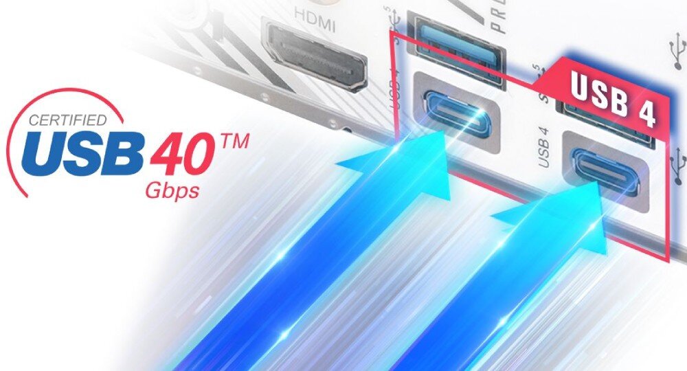 Płyta główna ASROCK X870 Pro RS WiFi Grafika portów na panelu tylnym z oznaczeniem USB4 i Certified USB 40 Gbps oraz strzałkami wskazującymi złącza USB-C