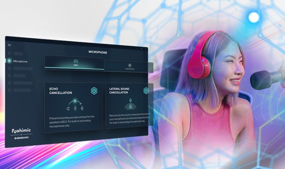 Płyta główna ASROCK X870 Pro RS WiFi Kobieta w słuchawkach mówi do mikrofonu, obok widoczny interfejs programu z ustawieniami mikrofonu i redukcją echa