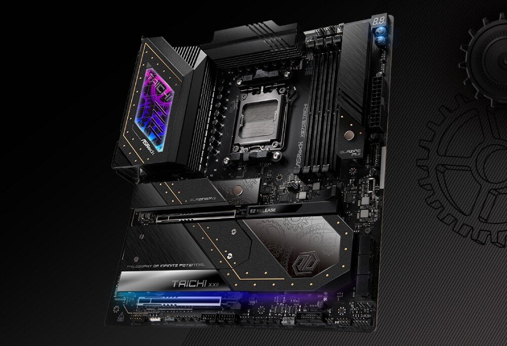 Płyta główna ASROCK X870E Taichi Zdjęcie płyty głównej z gniazdem procesora, czterema slotami RAM i osłonami z podświetleniem RGB, widoczny napis 'TAICHI' i 'Blazing M.2', opis