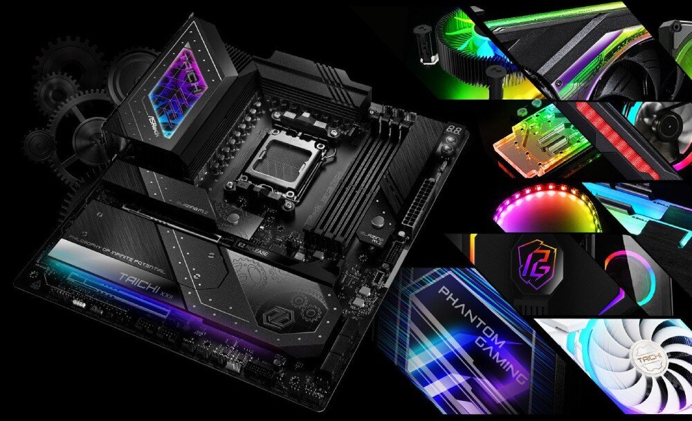 Płyta główna ASROCK X870E Taichi Płyta główna na tle zębatek z prawej strony otoczona kolorowymi fragmentami komponentów RGB, w tym wentylatorów, chłodzenia wodnego i logo 'Phantom Gaming', podświetlenie, efekty, kolory, aplikacja