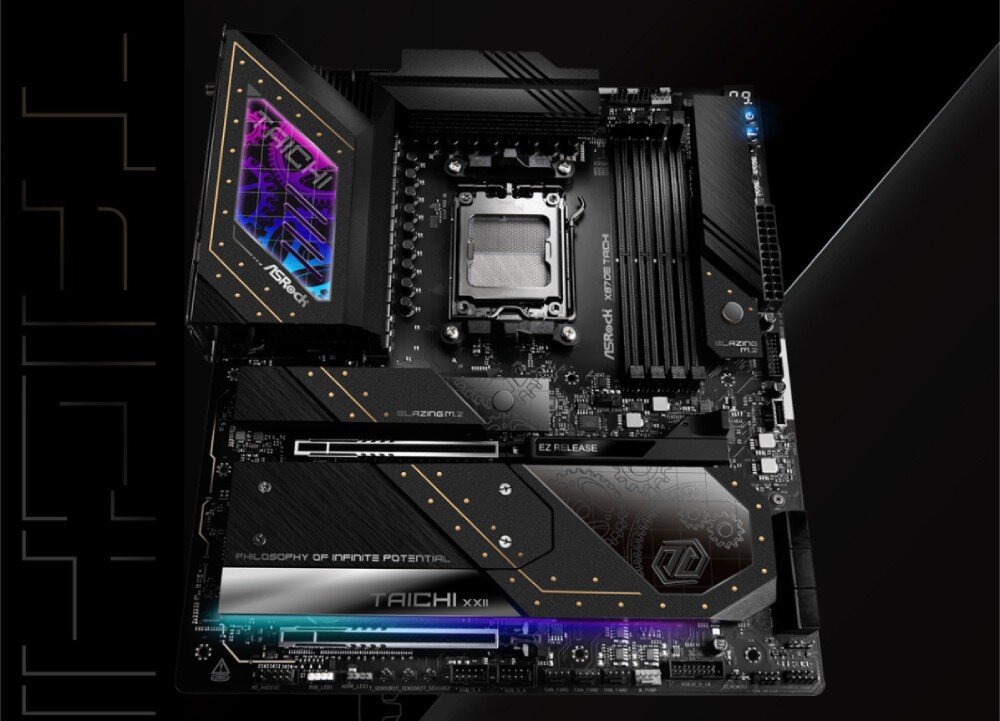 Płyta główna ASROCK X870E Taichi Widok z góry na płytę główną z podświetlanym napisem 'Taichi', gniazdem procesora, czterema slotami pamięci RAM i osłoną układu chłodzenia z podświetleniem RGB, działanie, stabilność, kondensatory