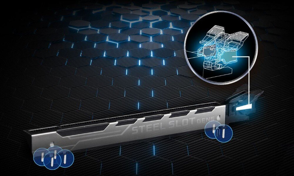 Płyta główna ASROCK X870E TAICHI Lite Metalowy slot PCIe z napisem Steel Slot Gen5 na tle czarnej siatki z podświetleniem i schematem konstrukcji w powiększeniu, slot PCIe 5.0, wzmocnienie