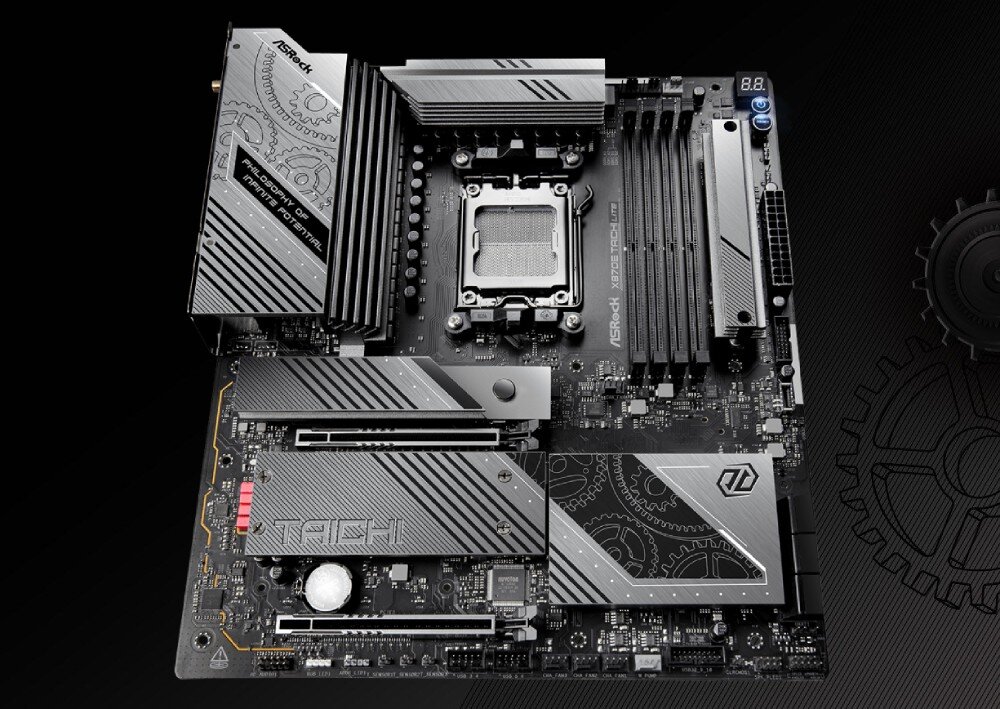 Płyta główna ASROCK X870E TAICHI Lite Płyta główna z czarno-srebrnym wykończeniem i wzorem zębatek widziana z góry z zaznaczonymi radiatorami i gniazdami pamięci, złącza wentylatorów